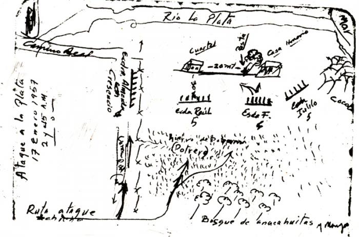 Croquis del Combate de La Plata, Sierra Maestra, el 17 de enero 1957, elaborado por Raúl Castro Ruz pocos días después. Croquis del Combate de La Plata, Sierra Maestra, el 17 de enero 1957, elaborado por Raúl Castro Ruz pocos días después.